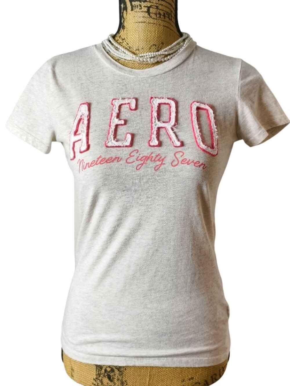 Aero Womens XS Vtg Baby Tee Y2K Fitted 1987 Embroidered White/Pink Letters Prep